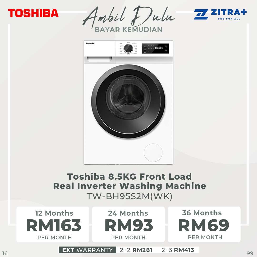 TOSHIBA 8.5KG Front Load Inverter Washing Machine TW-BH95S2M(WK) | Colour Protecting | 15 Minutes Quick Wash | Washing Machine with 2 Year General & 10 Year Motor Warranty