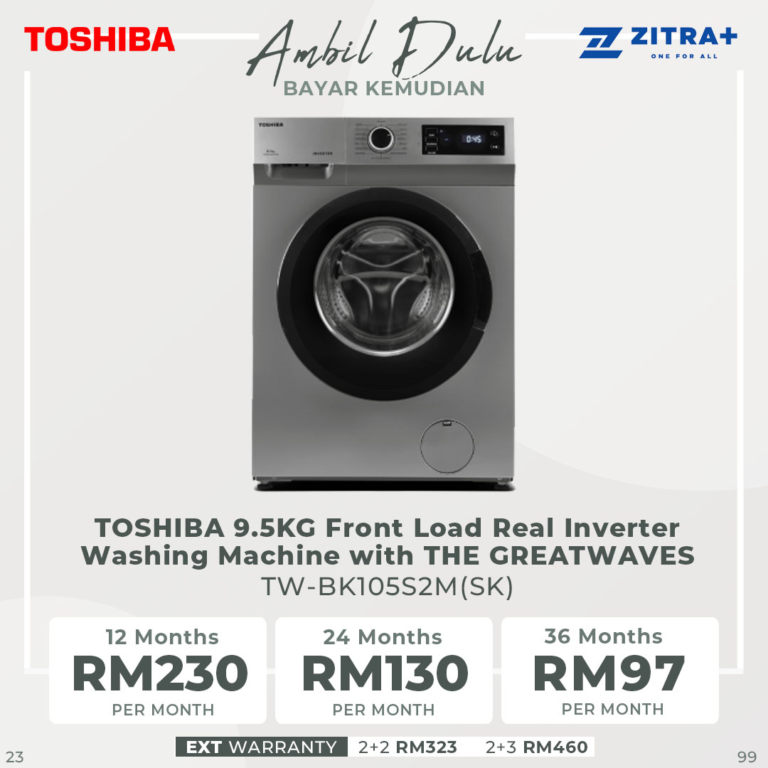 TOSHIBA 9.5KG Front Load Inverter Washing Machine TW-BK105S2M / TW-BK105S2M(SK) | 15 minutes Quick Wash | Color Protecting | Washing Machine with 2 Year General & 10 Year Motor Warranty