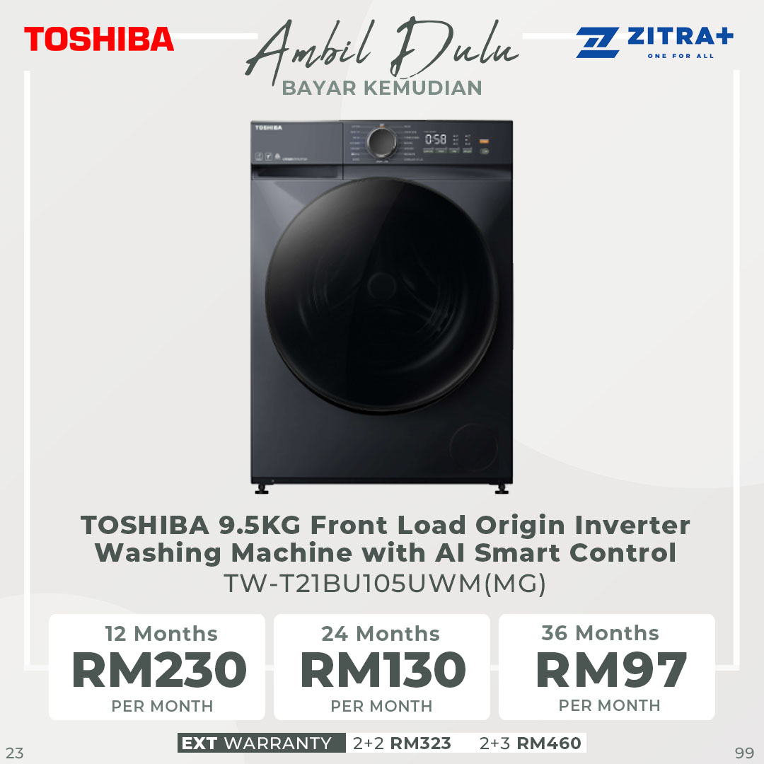 TOSHIBA 9.5KG / 10.5KG Front Load Origin Inverter Washing Machine with AI Smart Control | TW-T21BU105UWM(MG) / TW-T21BU115UWM(MG) | IOT TSmartLife | Sanitization | Hygiene Care | Washing Machine with 2 Year Warranty
