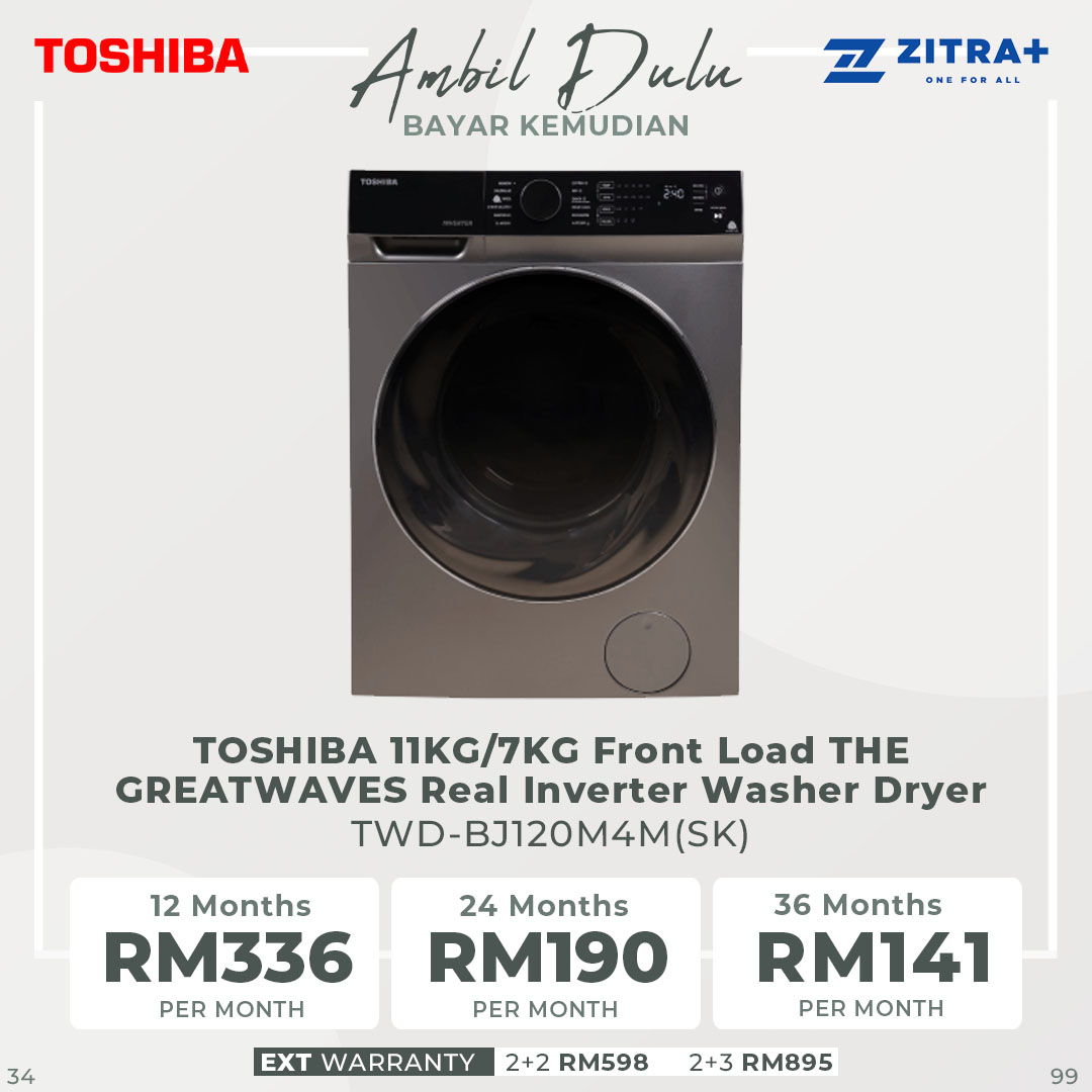 TOSHIBA 11KG/7KG Front Load THE GREATWAVES Real Inverter Washer Dryer TWD-BJ120M4M(SK) | 12 Programs | Child Lock | Temperature Selection | Washer Dryer with 2 Years Warranty