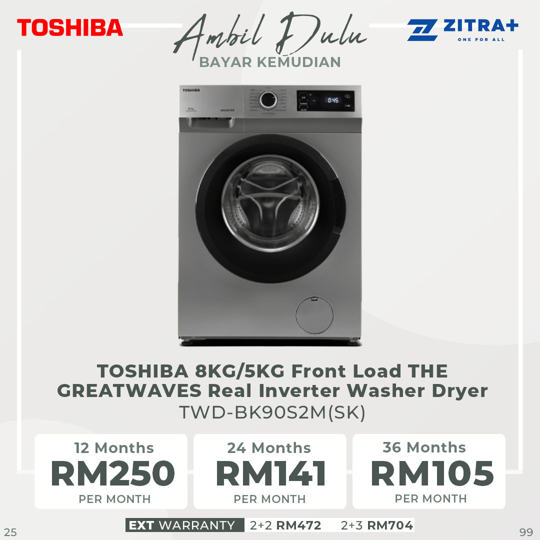 TOSHIBA 8/5KG Real Inverter Front Load Washer Dryer TWD-BK90S2M / TWD-BK90S2M(SK) | 1 Hour Quick Wash & Dry | THE GREATWAVES | Washer Dryer with 2 Year General & 10 Year Motor Warranty