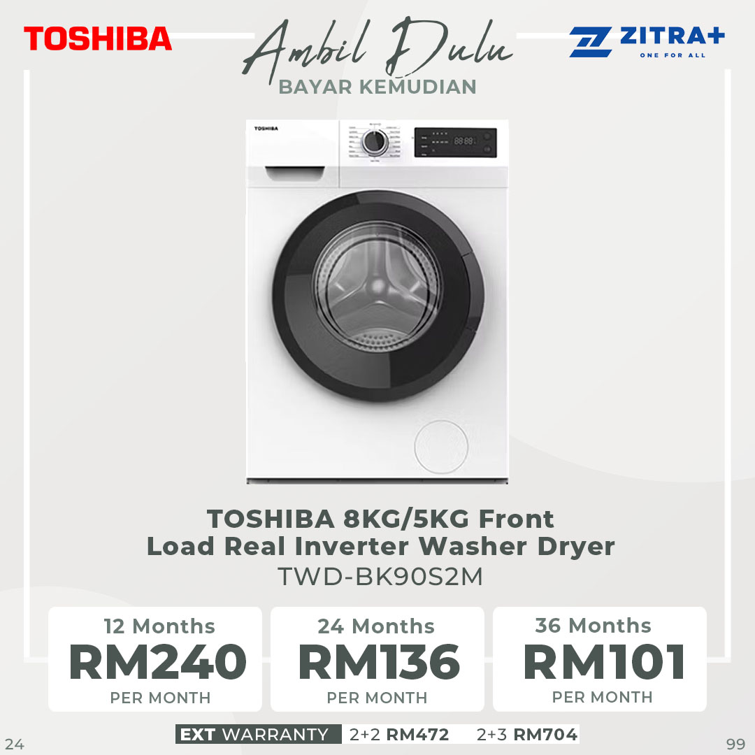 TOSHIBA 8/5KG Real Inverter Front Load Washer Dryer TWD-BK90S2M / TWD-BK90S2M(SK) | 1 Hour Quick Wash & Dry | THE GREATWAVES | Washer Dryer with 2 Year General & 10 Year Motor Warranty