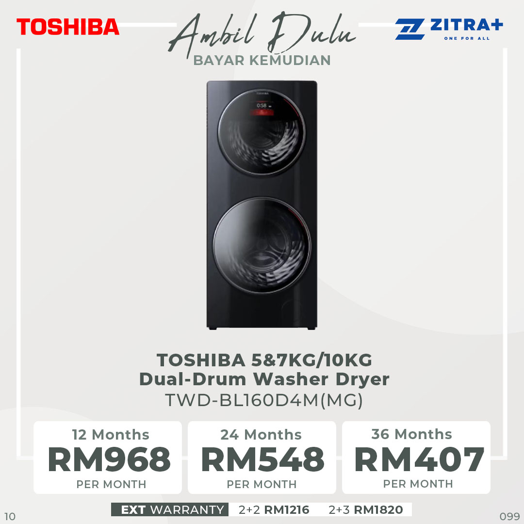 Toshiba 5/7/10KG Dual-Drum Washer Dryer TWD-BL160D4M(MG) | SenseDose | Ag+ In-Deep Sterilization | Partition Design | Smart Air Wash | Child Lock | WiFi | Drum Clean | Steam | Door Lock | Washer Dryer with 2 Year General & 10 Year Motor Warranty