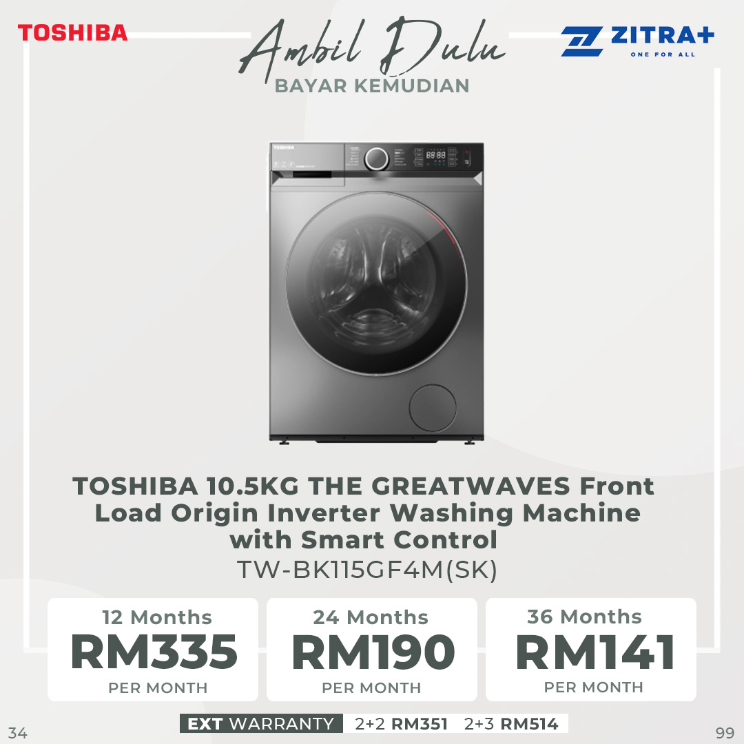TOSHIBA 8.5KG / 9.5KG / 10.5KG Front Load Origin Inverter Washing Machine with THE GREATWAVES | TW-BK95GF4M(SK) / TW-BK105GF4M(SK) /  TW-BK115GF4M(SK) | Smart Control | Steam | Wool Care | Washing Machine with 2 Year Warranty