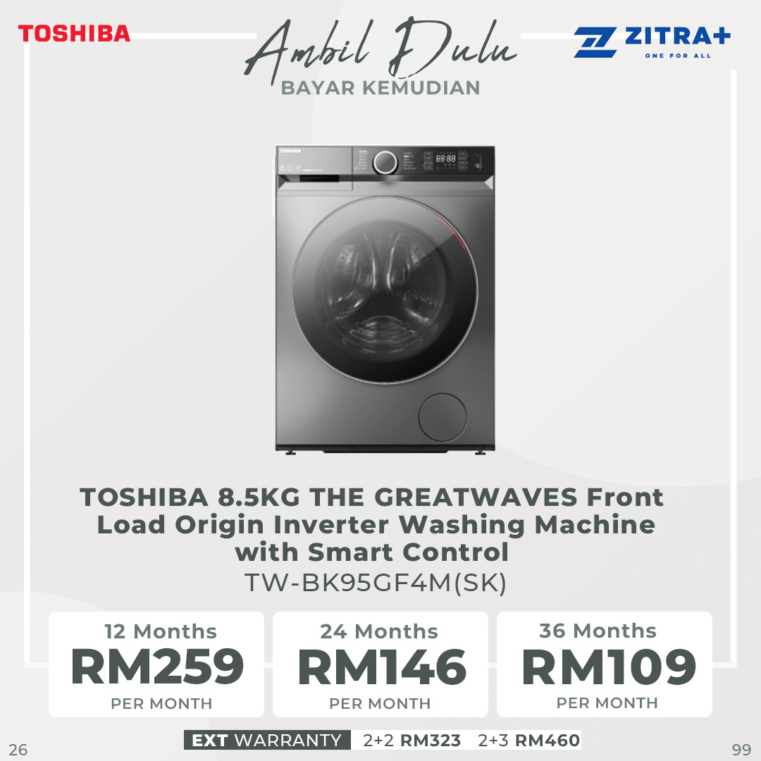 TOSHIBA 8.5KG / 9.5KG / 10.5KG Front Load Origin Inverter Washing Machine with THE GREATWAVES | TW-BK95GF4M(SK) / TW-BK105GF4M(SK) /  TW-BK115GF4M(SK) | Smart Control | Steam | Wool Care | Washing Machine with 2 Year Warranty