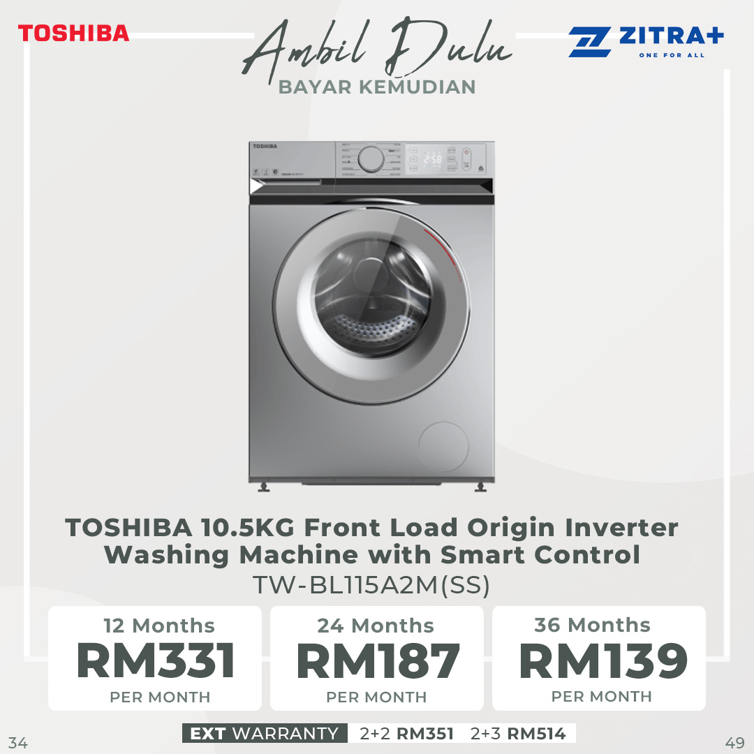 TOSHIBA 10.5KG Front Load Origin Inverter Washing Machine with Smart Control TW-BL115A2M(SS) | Steam Wash | IOT TSmartLife | Drum Clean | Washing Machine with 2 Year Warranty