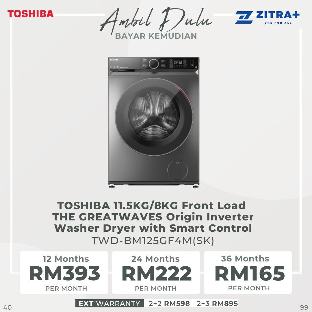 TOSHIBA Front Load THE GREATWAVES Origin Inverter Washer Dryer with Smart Control | 9.5KG/7KG - TWD-BM105GF4M(SK) / 11.5KG/8KG - WD-BM125GF4M(SK) / 12.5KG/8KG - TWD-BM135GF4M(SK) | Steam | Condenser | Drum Clean | Washer Dryer with 2 Year Warranty