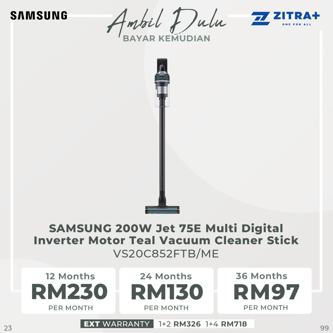 SAMSUNG 210W Jet 85 Premium Digital Inverter Motor Vacuum Cleaner Stick VS20C852FTB/ME | 210 W Suction Power | Jet Cyclone | More Advanced Cleaning Performance |  Clean Up to 1 hour | Vacuum Cleaner with 2 Years Warranty
