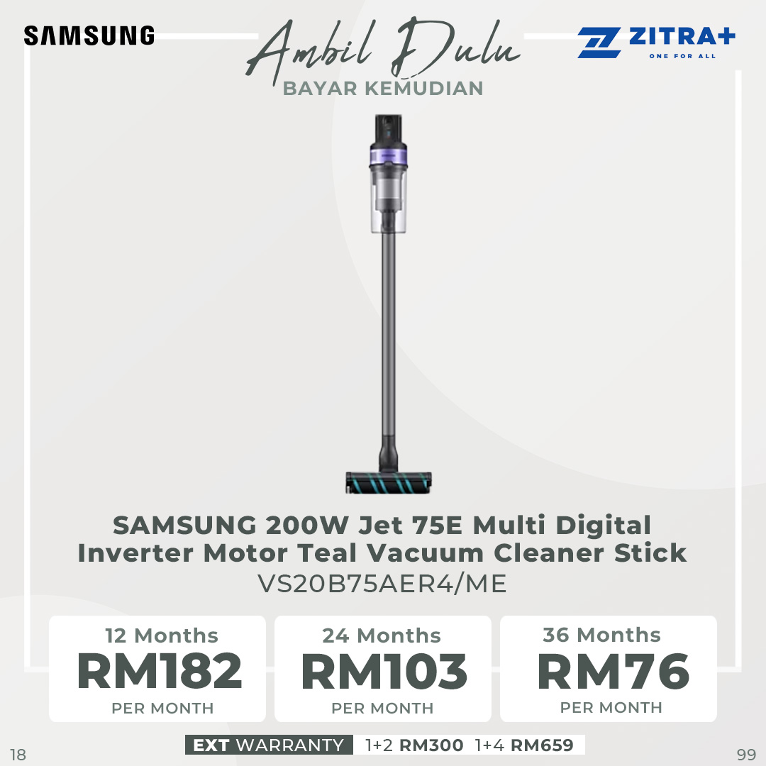 SAMSUNG 200W Jet 75E Multi Digital Inverter Motor Teal Vacuum Cleaner Stick VS20B75AER4/ME | Jet Cyclone | Digital Inverter Motor | Clean Up to 60mins on One Battery | Vacuum Cleaner with 2 Years Warranty