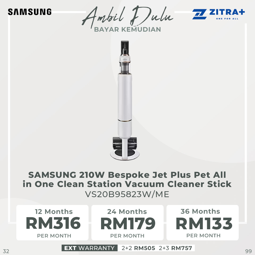 SAMSUNG 210W Bespoke Jet Plus Pet All in One Clean Station Vacuum Cleaner Stick VS20B95823W/ME | 210W Suction Power | Pet Tool+ | Air Pulse Technology | Vacuum Cleaner with 2 Years Warranty