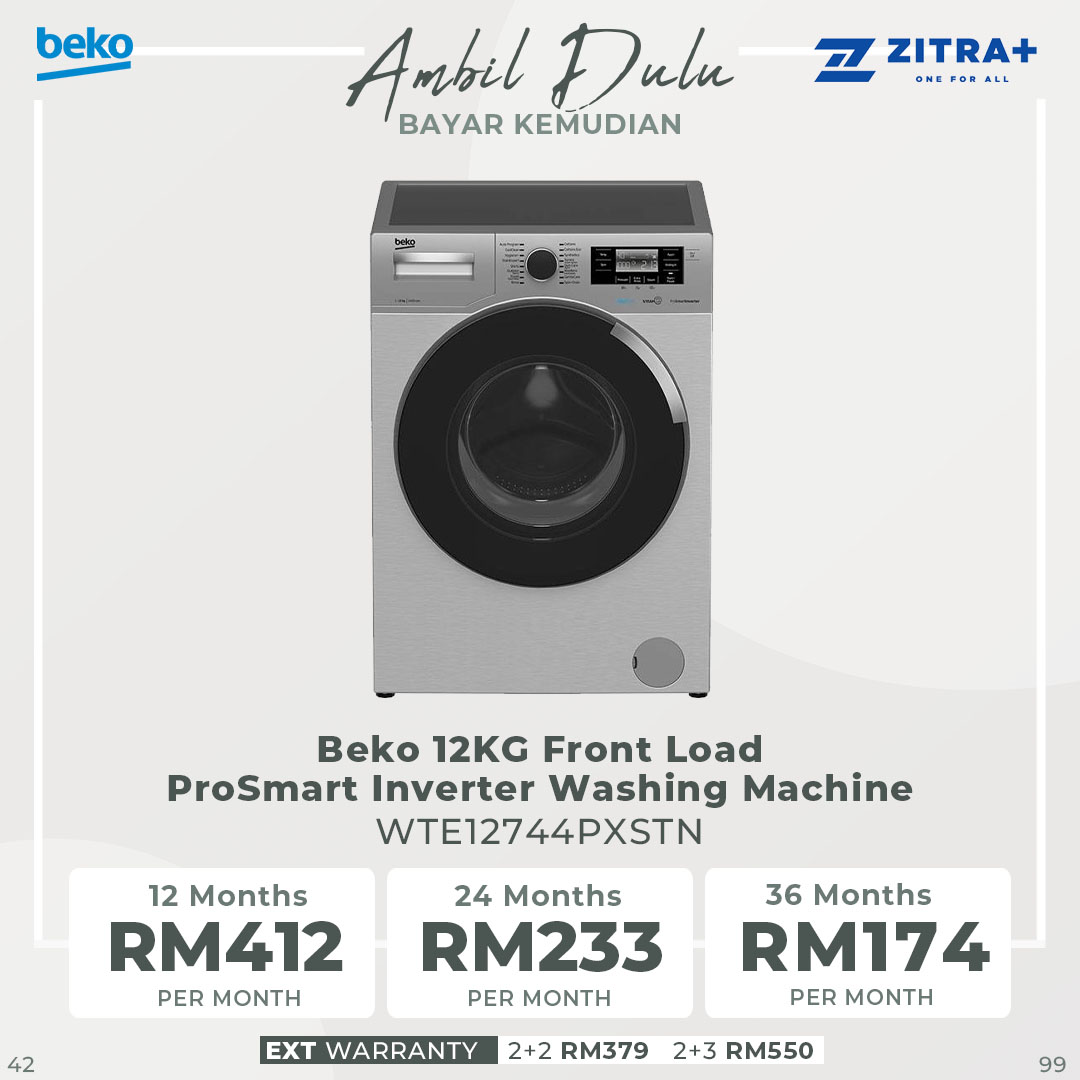 Beko 12KG Front Load ProSmart Inverter Washing Machine WTE12744PXSTN | AntiCrease | AquaWave | Extra Rinse | Steam | DrumClean | Washing Machine with 2 Year Warranty