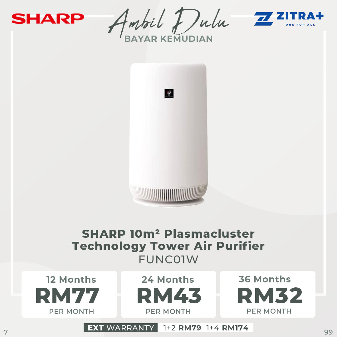 SHARP 10m² Plasmacluster Technology Tower Air Purifier FUNC01W | Removal of Odor | 360° Cylindrical Air Purification | Dust Collection | Deodorization Integrated Filter | Air Purifier with 1 Year Warranty