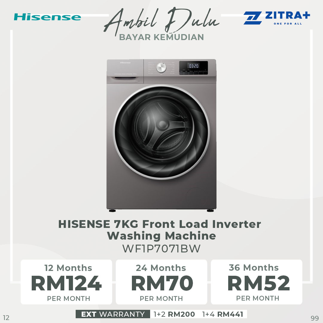 HISENSE 7KG Front Load Inverter Washing Machine WF1P7071BW | Durable Inverter | Allergy Steam | 5-Star Energy Consumption | Drum Clean | Washing Machine with 2 Years Warranty