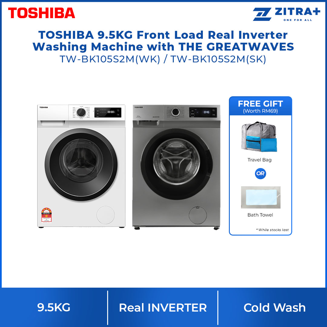 TOSHIBA 9.5KG Front Load Inverter Washing Machine TW-BK105S2M / TW-BK105S2M(SK) | 15 minutes Quick Wash | Color Protecting | Washing Machine with 2 Year General & 10 Year Motor Warranty