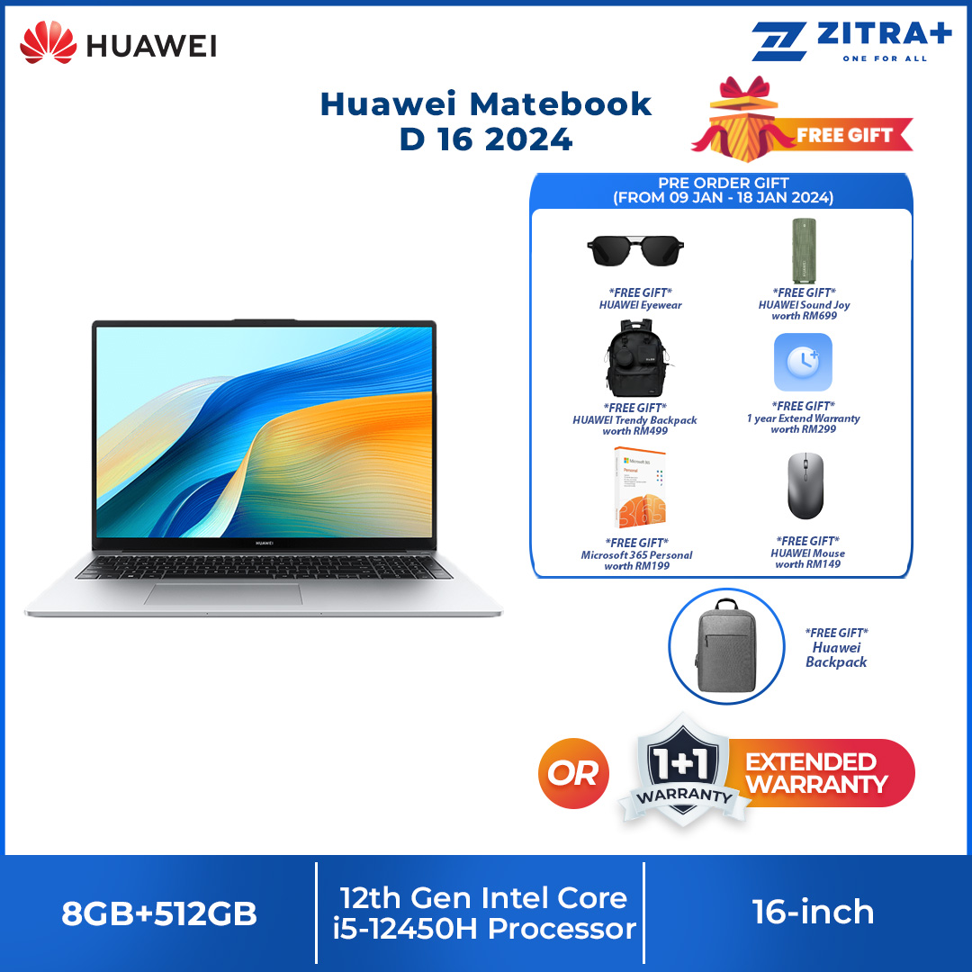 Huawei Matebook D 16 2024 | 16" HUAWEI FullView Display | High Performance Intel® Core™  i5 Processor  / i9 Processor | Lightweight Portable Body | Laptop with 2 Year Warranty