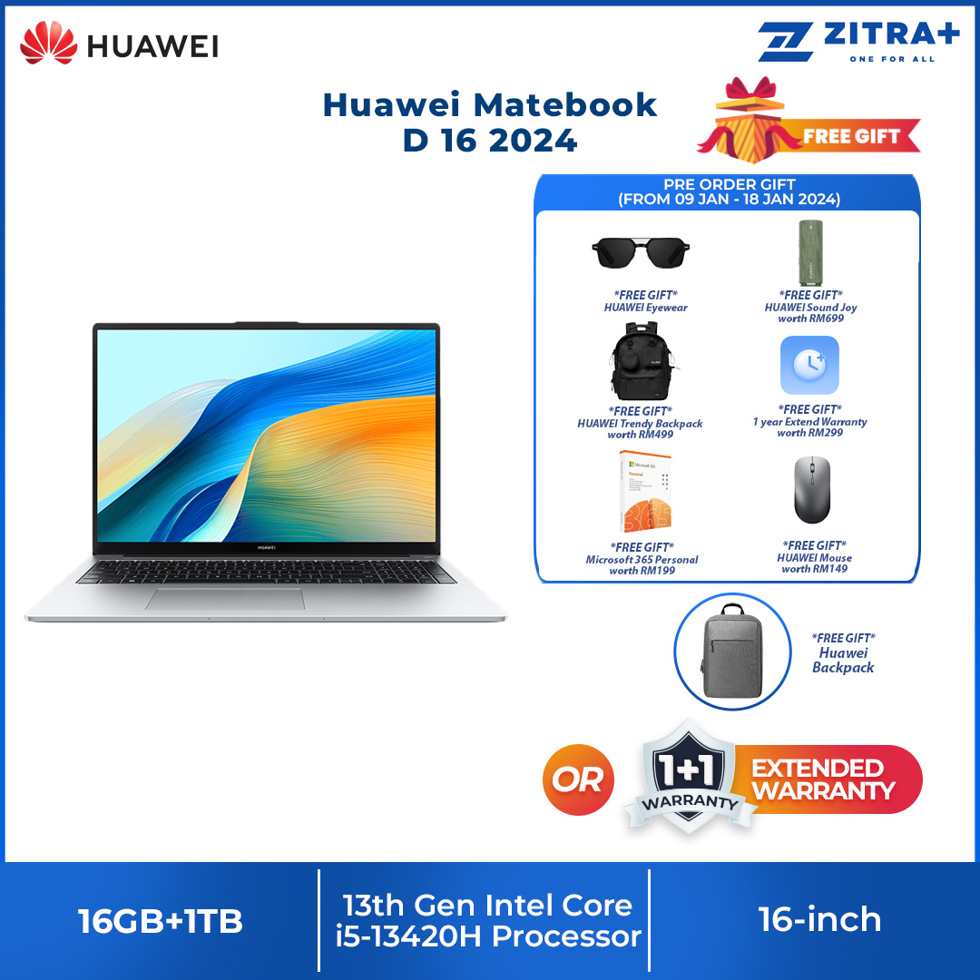 Huawei Matebook D 16 2024 | 16" HUAWEI FullView Display | High Performance Intel® Core™  i5 Processor  / i9 Processor | Lightweight Portable Body | Laptop with 2 Year Warranty