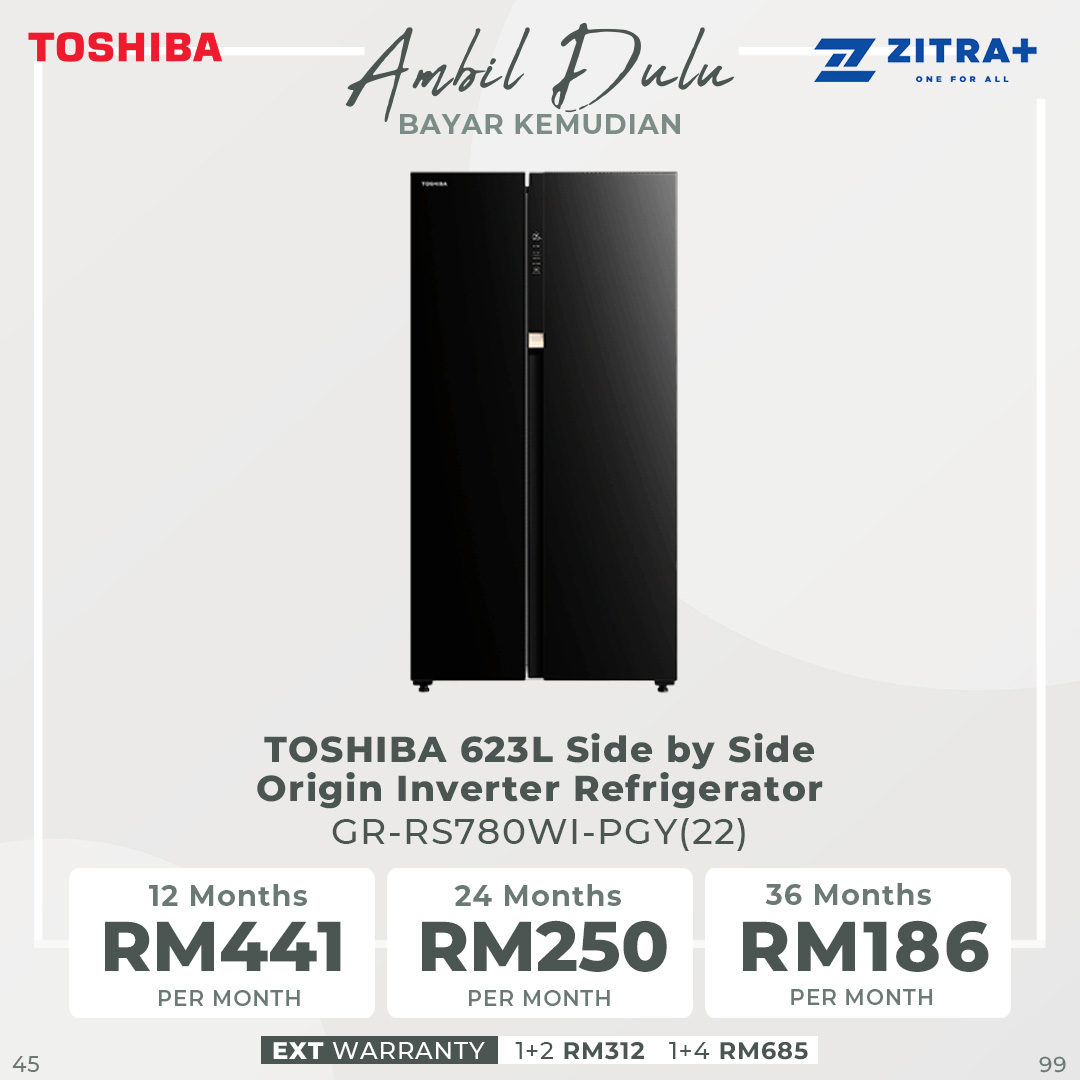 Toshiba 623L Side by Side Origin Inverter Refrigerator GR-RS780WI-PGY(22)  | Dual Alloy Cooling | Pure Bio | Touch Digital Panel | Twist Ice Maker | TSmartLife Smart Control |  Refrigerator with 1 Year Warranty