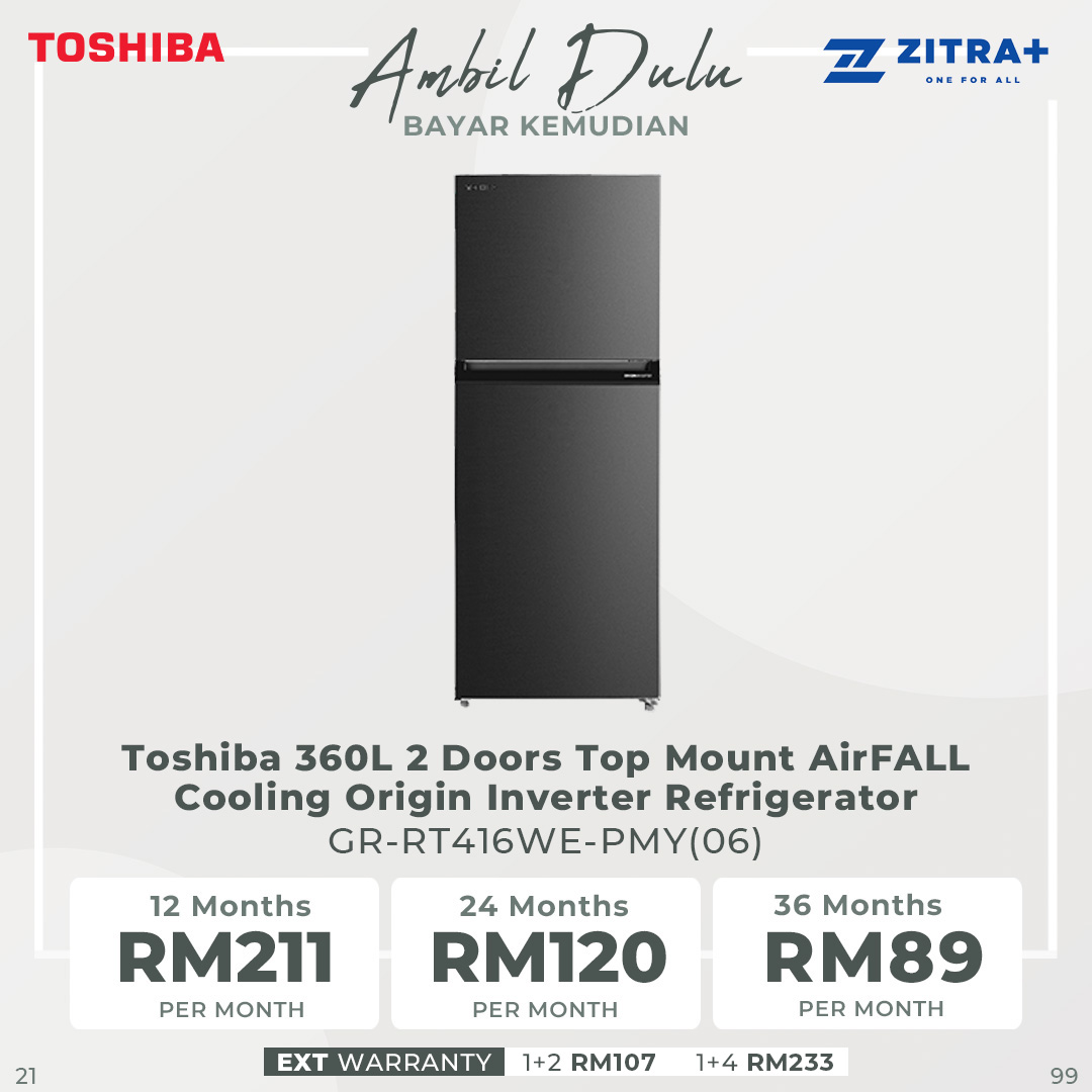 TOSHIBA 360L 2 Doors Inverter Refrigerator GR-RT416WE-PMY(06) | AirFALL Cooling | Origin Inverter | Humidity Control | Refrigerator with 1 Year General & 12 Year Compressor Warranty