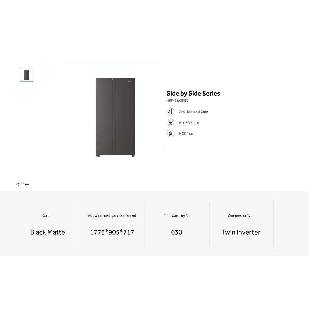 HAIER 630L Side-by-Side Twin Inverter Refrigerator HRF-689SI(GE) | Anti-Bacterial Door | H-DEO Fresh | CS Plus | Refrigerator with 2 Year Warranty