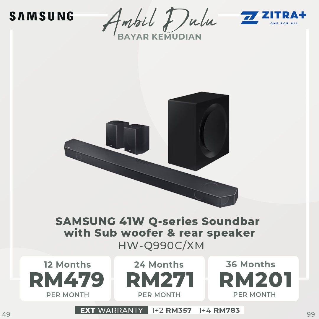 SAMSUNG 41W Q-series Soundbar with Sub Woofer & Rear Speaker HW-Q990C/XM | Wireless Dolby Atmos | True 11.1.4ch Sound | Q-Symphony | Voice assistant & Cast Services | Soundbar with 1 Year Warranty