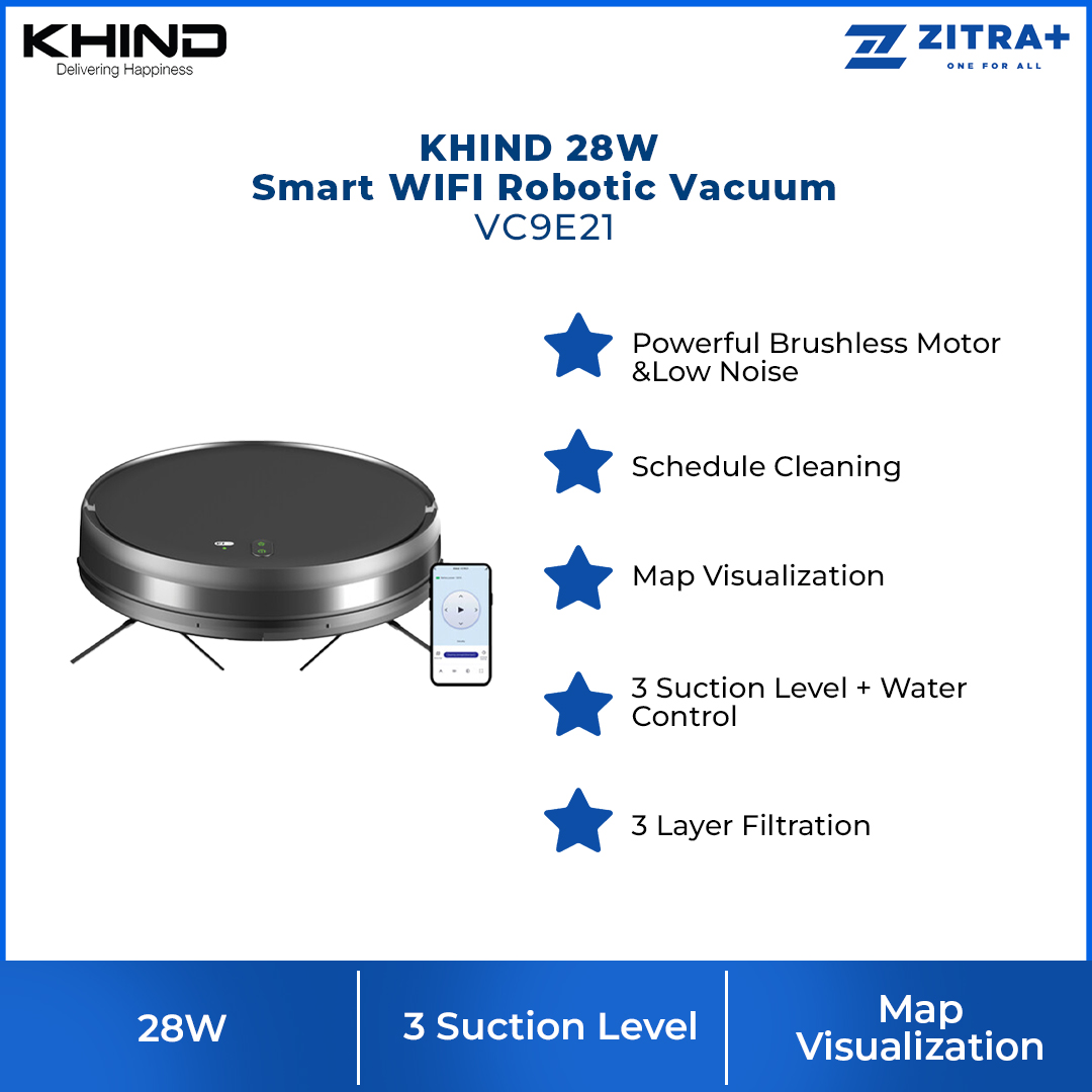 KHIND 28W Smart WIFI Robotic Vacuum VC9E21 |  Powerful Brushless Motor & Low Noise  | Schedule Cleaning | Map Visualization | 2  Year General Warranty