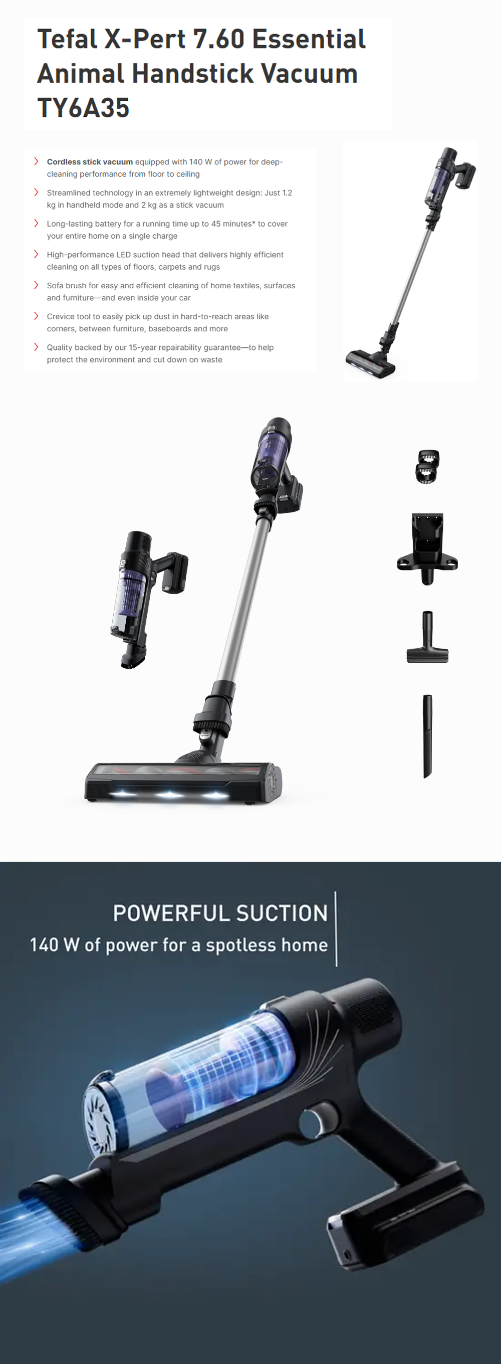 Tefal 140W X-Pert 7.60 Essential Animal Cordless Vacuum Cleaner Stick TY6A35 | Total floor-to-ceiling | Running time 45 min | Filtration: Up to 98%