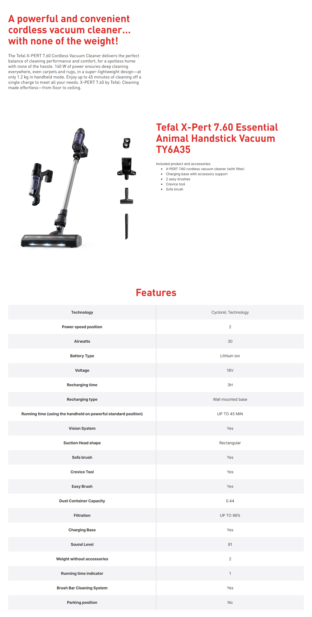 Tefal 140W X-Pert 7.60 Essential Animal Cordless Vacuum Cleaner Stick TY6A35 | Total floor-to-ceiling | Running time 45 min | Filtration: Up to 98%