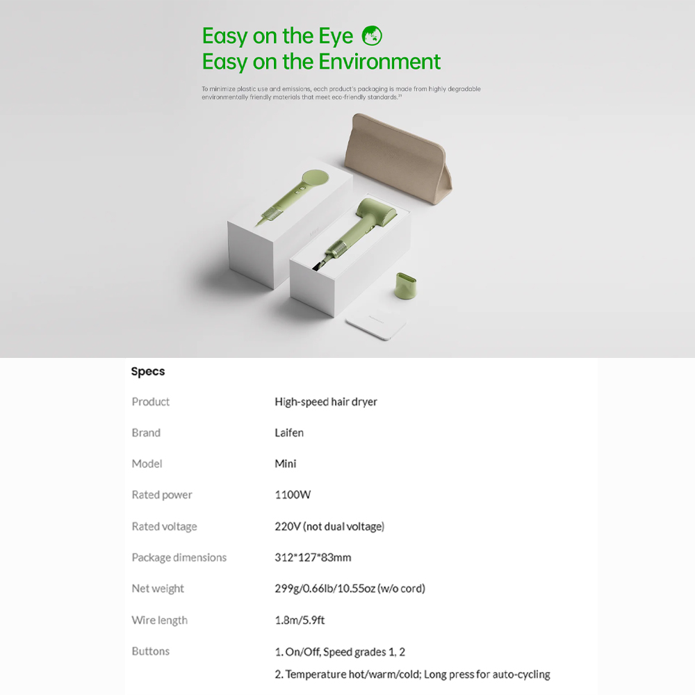 Laifen 1100W Mini Hair Dryer | SLF-MINI | Gentle Drying Mode | Fast drying |  Smart temperature monitoring