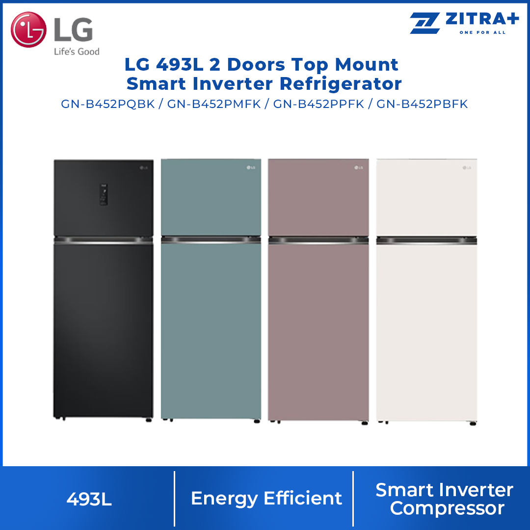 LG 493L 2 Doors Top Mount Smart Inverter Refrigerator GN-B452PBFK / GN-B452PPFK / GN-B452PMFK / GN-B452PQBK | Smart Inverter Compressor | Multi Air Flow | Door Cooling+ | 1 Year General Warranty & 10 Year Motor Warranty