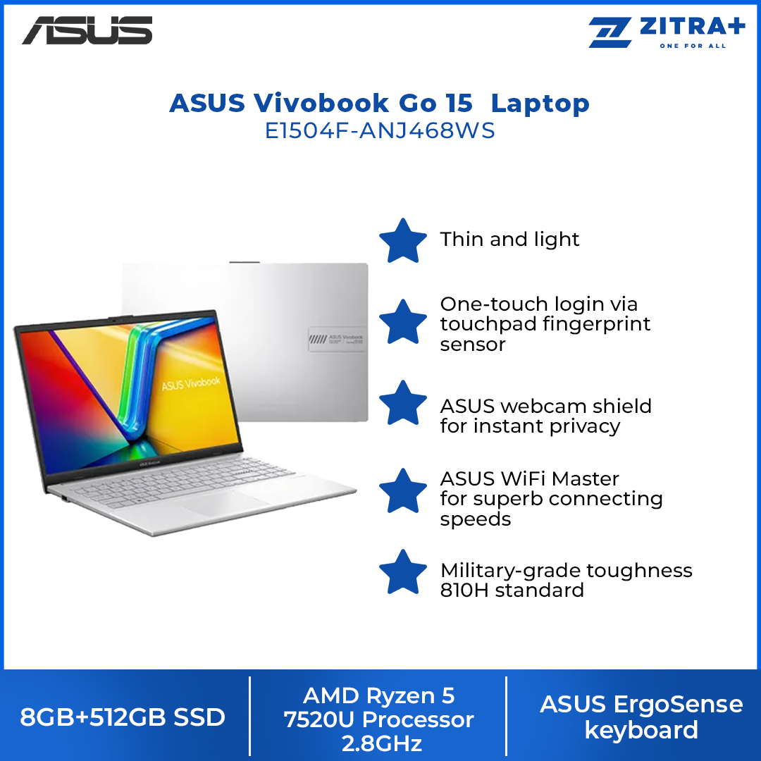 ASUS Vivobook Go 15  Laptop E1504F-ANJ468WS | ASUS Webcam Shield | ASUS AI Noise Cancelation | ASUS WiFi Master | 2  Year General Warranty