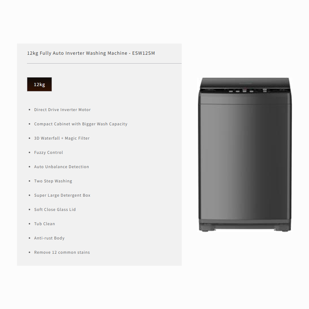 Sharp 12KG Top Load DD Inverter Washing Machine ESW12SM | Direct Drive Inverter Motor | 3D Waterfall + Magic Filter | Fuzzy Control | Two Step Washing