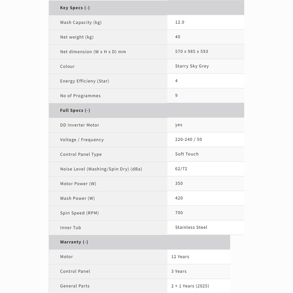 Sharp 12KG Top Load DD Inverter Washing Machine ESW12SM | Direct Drive Inverter Motor | 3D Waterfall + Magic Filter | Fuzzy Control | Two Step Washing