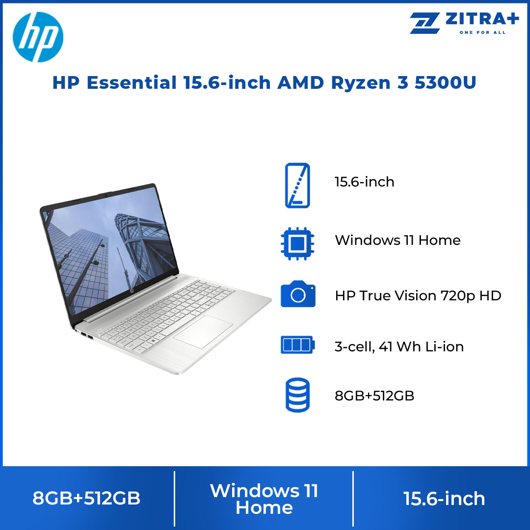 HP Essential 15.6-inch AMD Ryzen 3 5300U AMD Radeon Graphics 8GB+512GB | Windows 11 Home | FHD (1920 x 1080) | Laptop with 2 Years Warranty