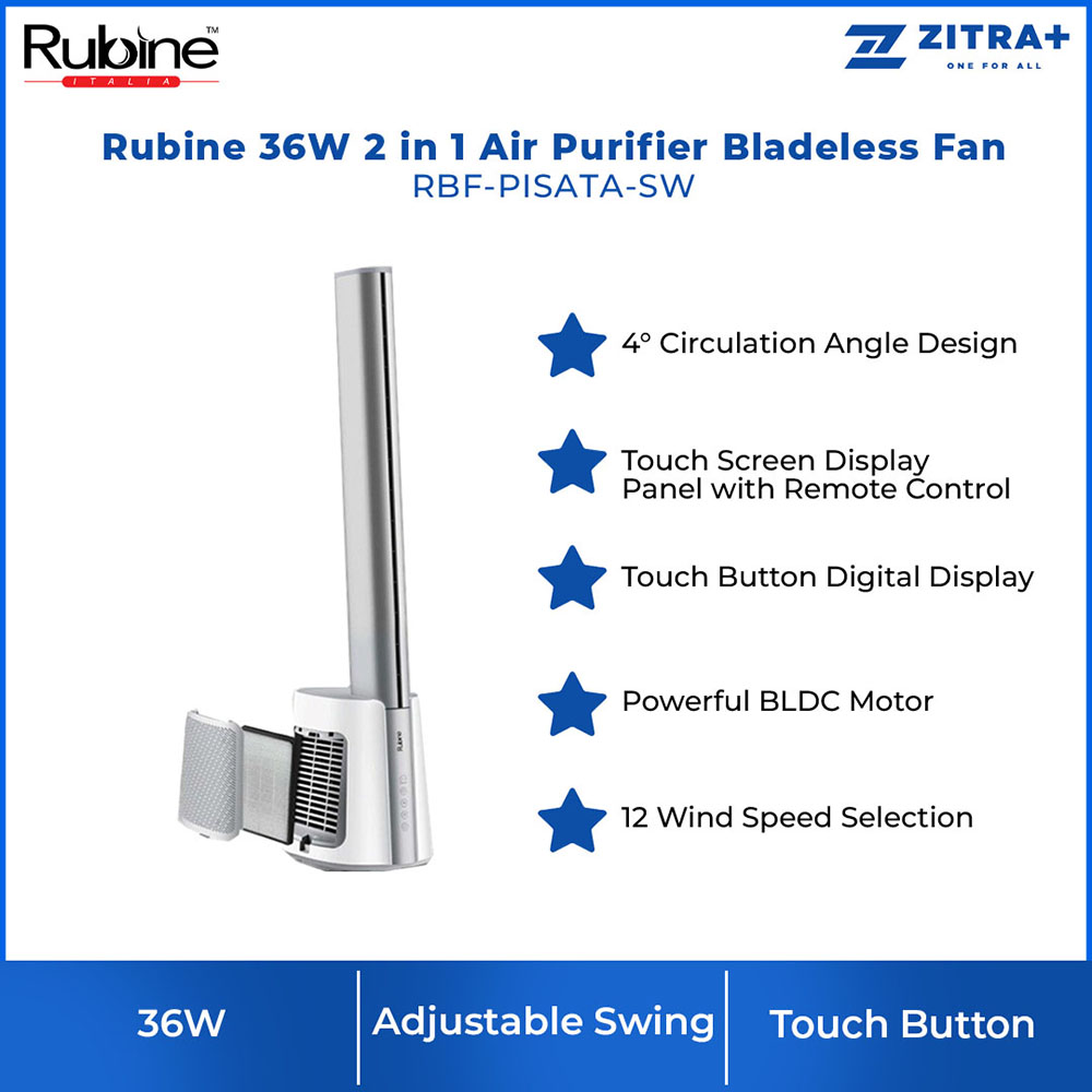 Rubine 36W 2 in 1 Air Purifier Bladeless Fan RBF-PISATA-SW | Built-in Activated HEPA Filter | High-grade Aluminium Air-duct | 4° Circulation Angle Design | Powerful BLDC Motor | Fan with 1 Year Warranty