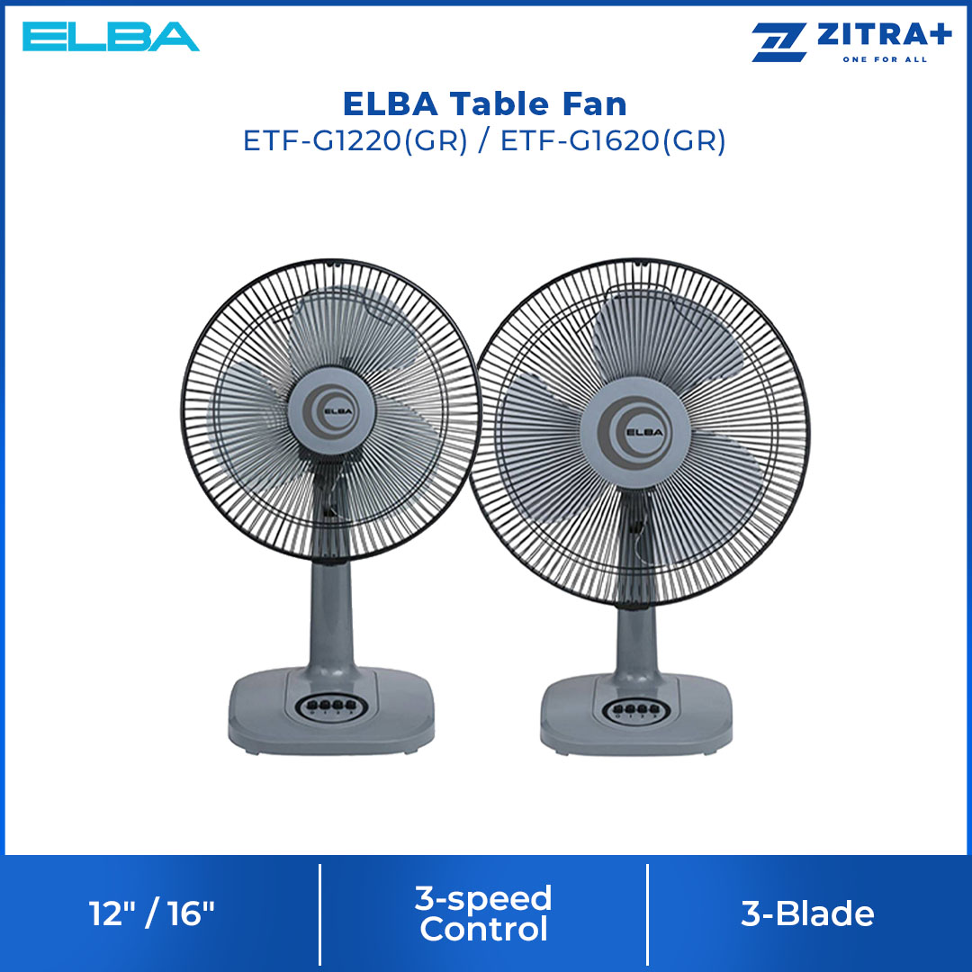 ELBA 12" / 16" Table Fan ETF-G1220(GR) / ETF-G1620(GR) | 3 Transparent AS Blades | 3-speed Control | Thermal Safety Fuse | Whisper Quiet Self Lubricating Motor | Table Fan with 1 Year Warranty