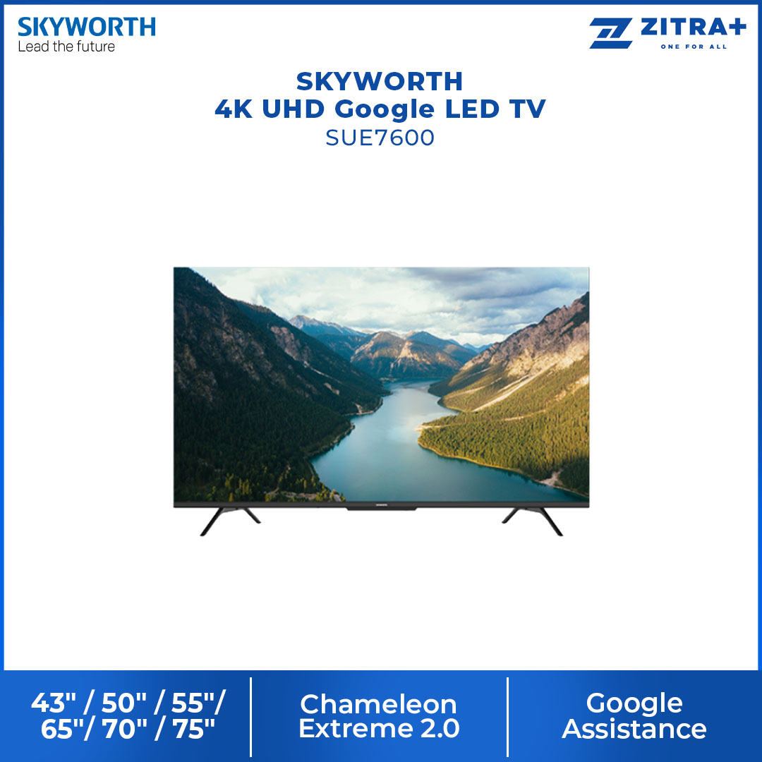 SKYWORTH 43"/50"/55"/65"/70"/75" 4K UHD Google LED TV SUE7600 | HDR10 | USB | HDMI | Google Tv | Dolby Audio | Bluetooth 5.1 | Chameleon Extreme 2.0 | Chromecast Built-In | Smart TV with 2 Year Warranty