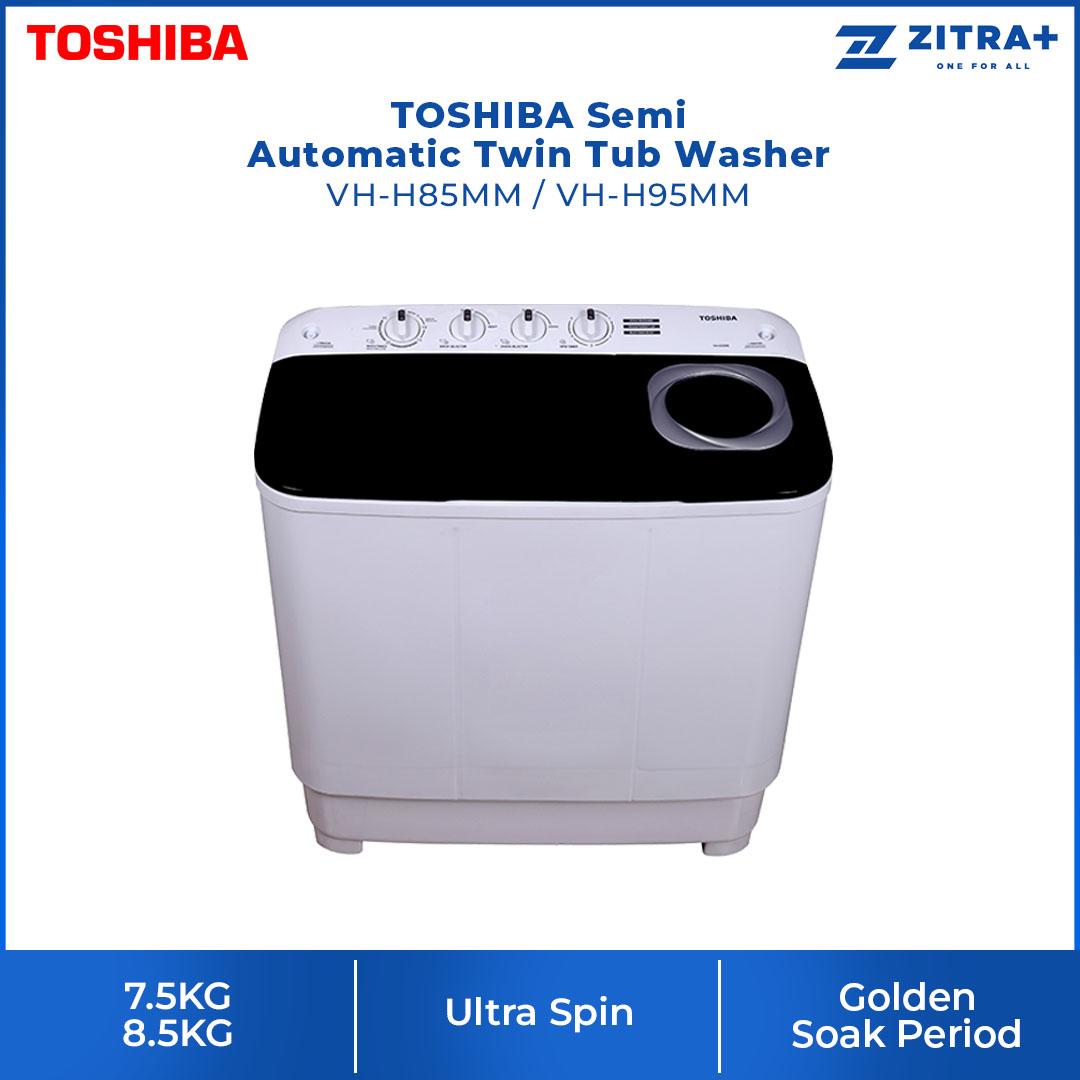 TOSHIBA 7.5KG/8.5KG Semi Automatic Twin Tub Washer VH-H85MM/VH-H95MM | High Blades Pulsator | Rust Free Body | Ultra Spin | Golden Soak | Washing Machine with 2 Year Warranty