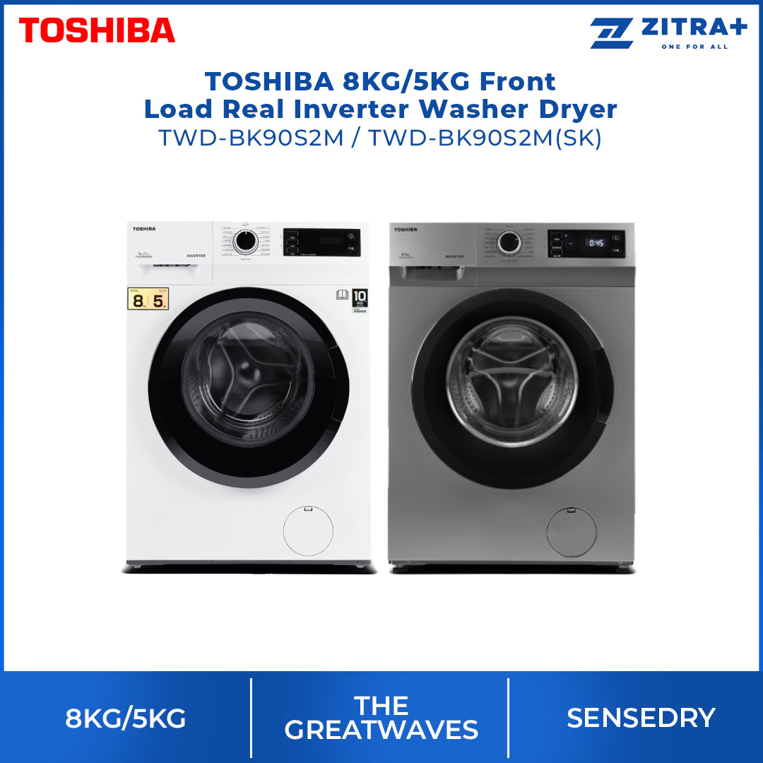 TOSHIBA 8/5KG Real Inverter Front Load Washer Dryer TWD-BK90S2M / TWD-BK90S2M(SK) | 1 Hour Quick Wash & Dry | THE GREATWAVES | Washer Dryer with 2 Year General & 10 Year Motor Warranty