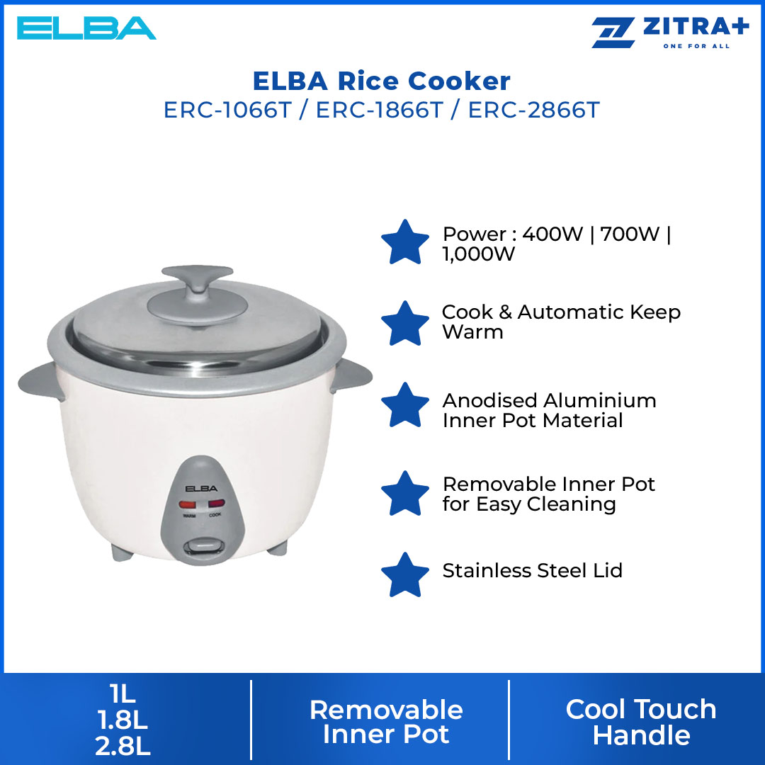 ELBA 1L/1.8L/2.8L Rice Cooker ERC-2866T/ERC-1866T/ERC-2866T | Cook & Automatic Keep Warm | Stainless Steel Lid | Cool Touch Handle | Rice Cooker with 1 Year Warranty