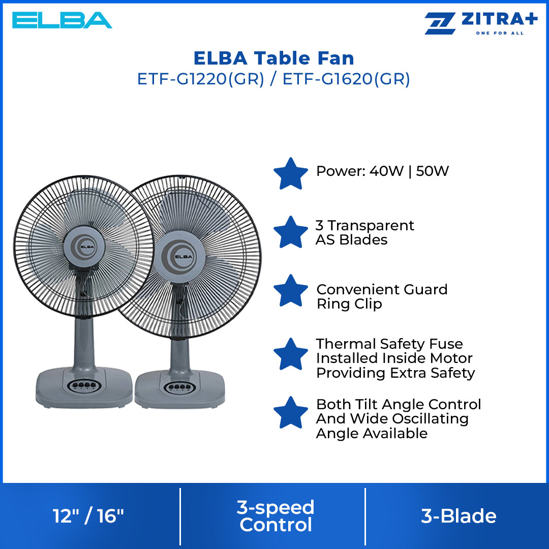 ELBA 12" / 16" Table Fan ETF-G1220(GR) / ETF-G1620(GR) | 3 Transparent AS Blades | 3-speed Control | Thermal Safety Fuse | Whisper Quiet Self Lubricating Motor | Table Fan with 1 Year Warranty