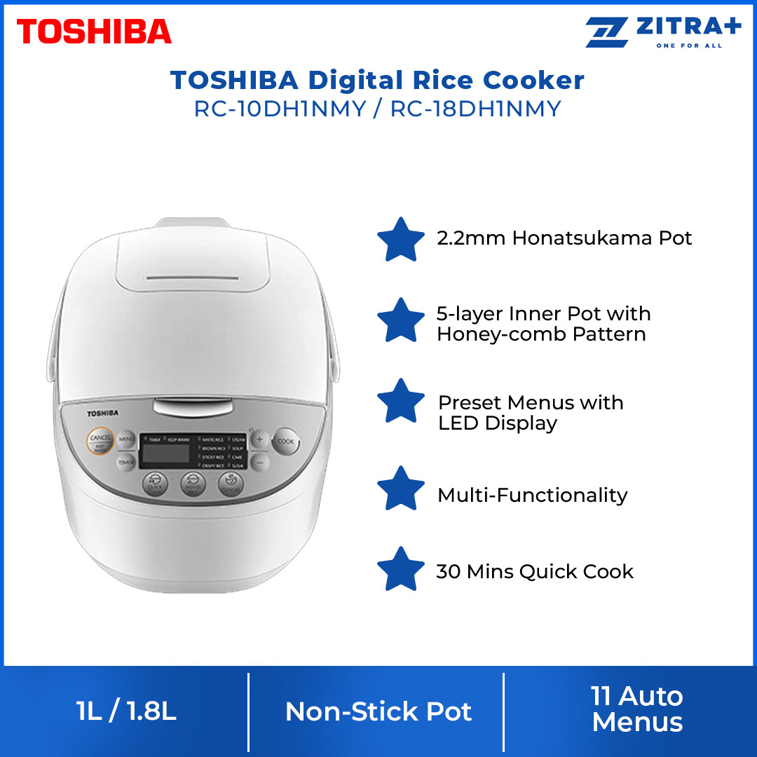 TOSHIBA 1L/1.8L Digital Rice Cooker RC-10DH1NMY/RC-18DH1NMY | 2.2mm Honatsukama Pot | Preset Menus with LED Display | 11-Auto Menu | Rice Cooker with 1 Year Warranty