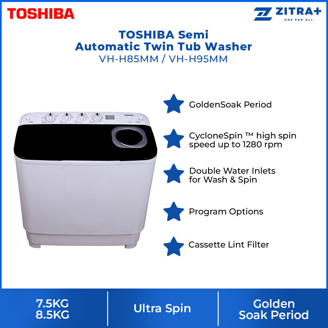 TOSHIBA 7.5KG/8.5KG Semi Automatic Twin Tub Washer VH-H85MM/VH-H95MM | High Blades Pulsator | Rust Free Body | Ultra Spin | Golden Soak | Washing Machine with 2 Year Warranty