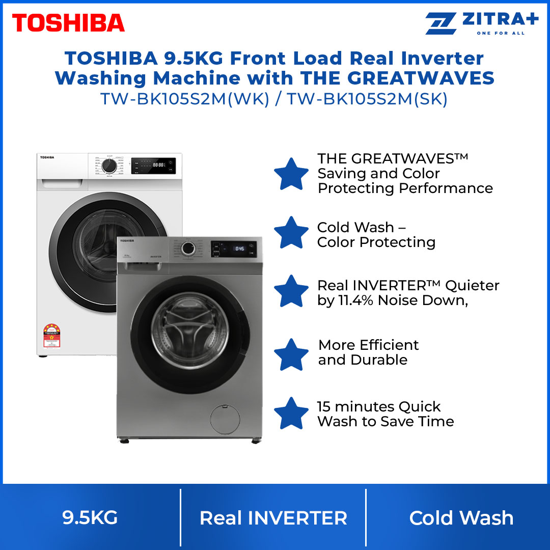 TOSHIBA 9.5KG Front Load Inverter Washing Machine TW-BK105S2M / TW-BK105S2M(SK) | 15 minutes Quick Wash | Color Protecting | Washing Machine with 2 Year General & 10 Year Motor Warranty