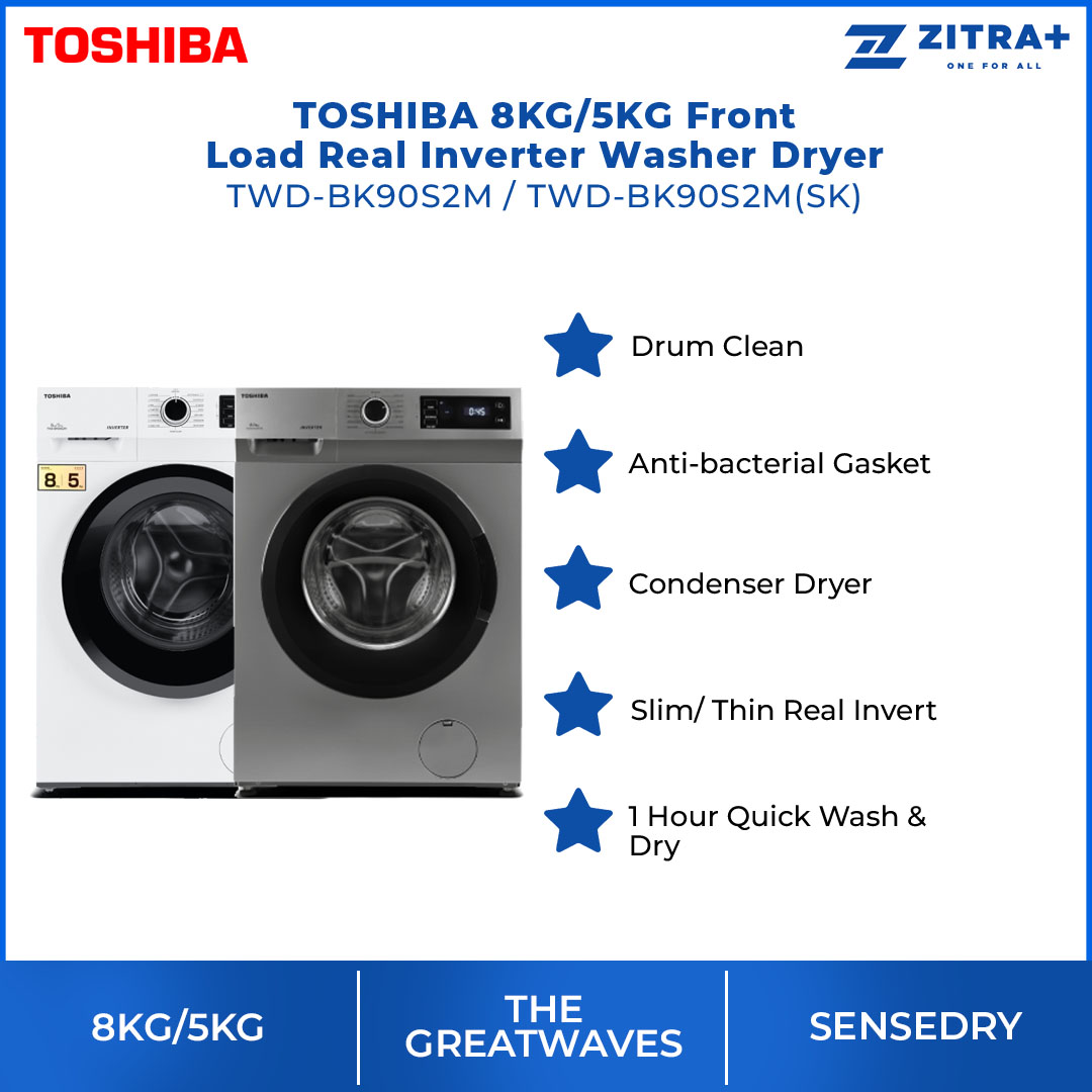 TOSHIBA 8/5KG Real Inverter Front Load Washer Dryer TWD-BK90S2M / TWD-BK90S2M(SK) | 1 Hour Quick Wash & Dry | THE GREATWAVES | Washer Dryer with 2 Year General & 10 Year Motor Warranty