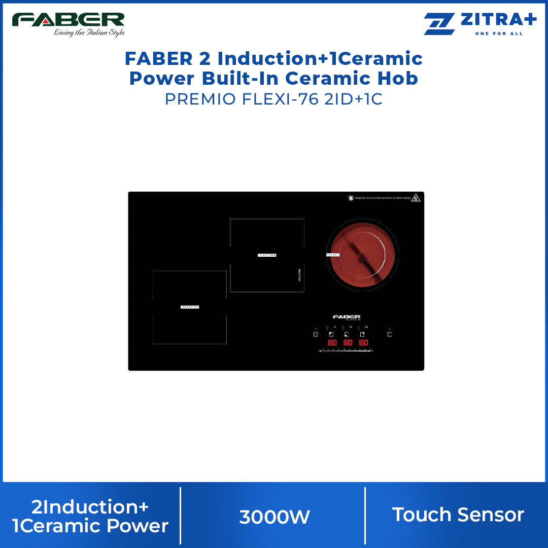 FABER 2Induction+1Ceramic Power Built-In Ceramic Hob PREMIO FLEXI-76 2ID+1C | Touch Sensor Control Panel