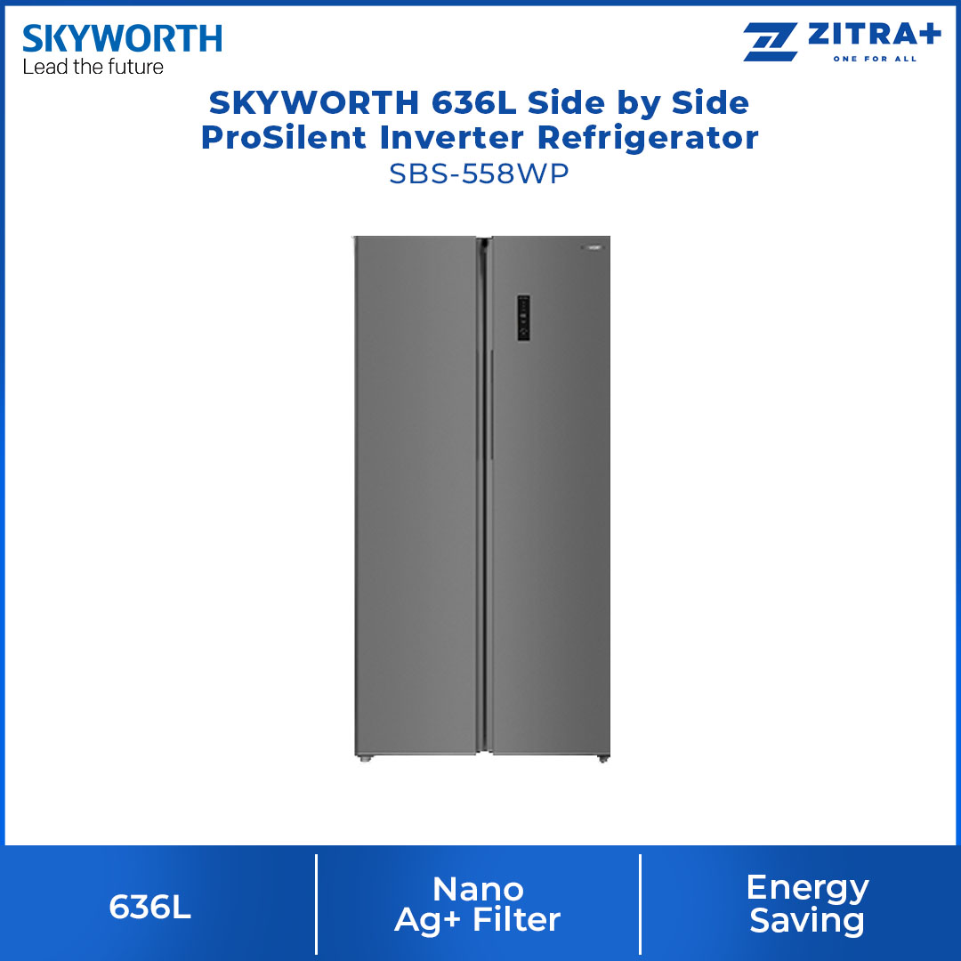 SKYWORTH 636L Side by Side ProSilent Inverter Refrigerator SBS-558WP | Electronic Smart Control | Nano Ag+ Filter | Moist Fresh Room | Refrigerator with 2 Year Warranty