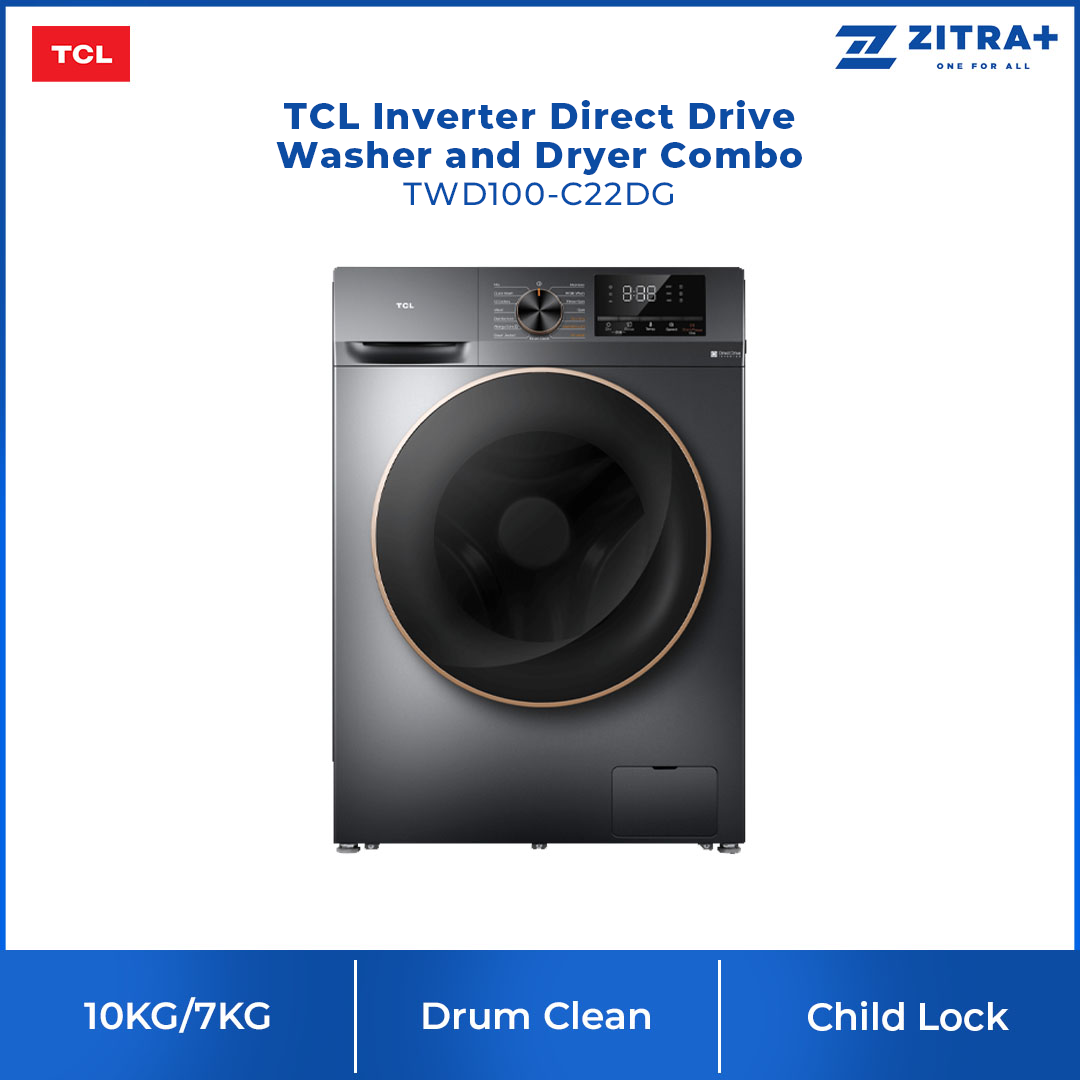 TCL 10KG/7KG Inverter Direct Drive Washer Dryer TWD100-C22DG | Softly Drying with Low Temperature | Drum Clean | Honeycomb Drum | Child Lock | Washer Dryer with 2 Years Warranty