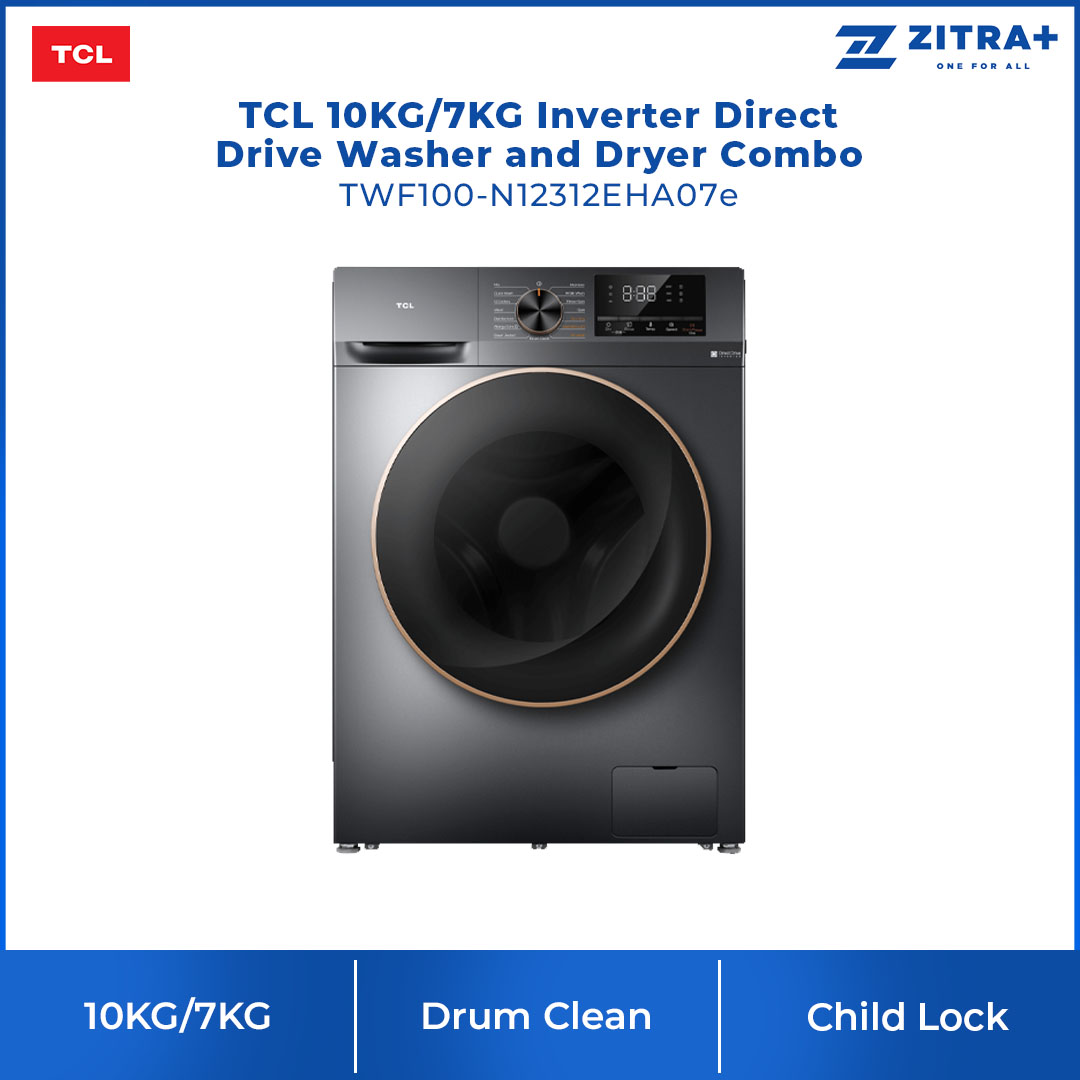TCL 10KG/7KG Inverter Direct Drive Washer Dryer TWF100-N12312EHA07e | Softly Drying with Low Temperature | Drum Clean | Honeycomb Drum | Child Lock | Washer Dryer with 2 Years Warranty
