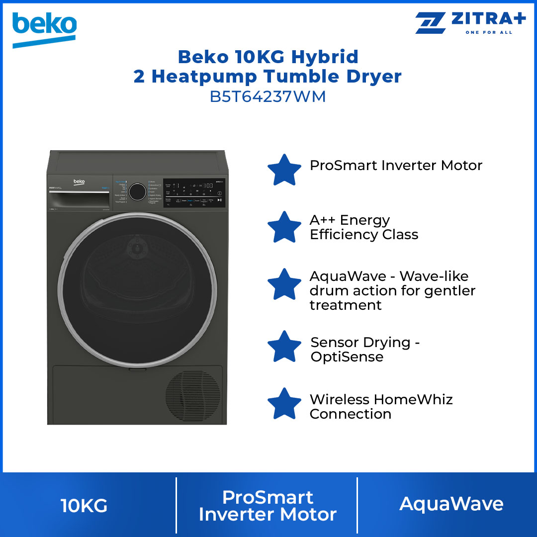 Beko 10KG Hybrid 2 Heatpump Tumble Dryer B5T64237WM | A++ Energy Efficiency Class | Wireless HomeWhiz Connection | Sensor Drying | Tumbler Dryer with 2 Year Warranty