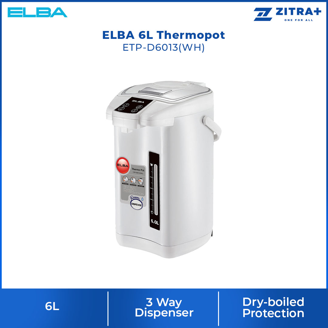 ELBA 4L | 6L Thermo Pot ETP-D4013(WH)/ETP-D6013(WH) | 3 Ways Dispenser | 360 Degree Rotating base | 304 Stainless Steel | Dry-boiled Protection | Thermo Pot with 1 Year Warranty